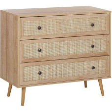 Beliani Modern Rectangular Chest of Drawers 3 Rattan Drawers Light Wood Colour Ponca