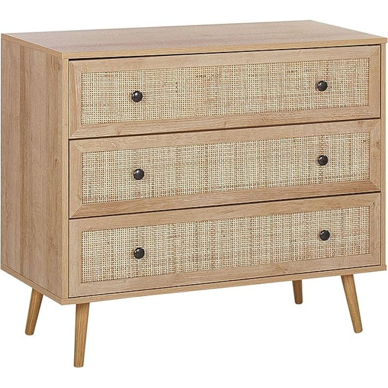 Beliani Modern Rectangular Chest of Drawers 3 Rattan Drawers Light Wood Colour Ponca