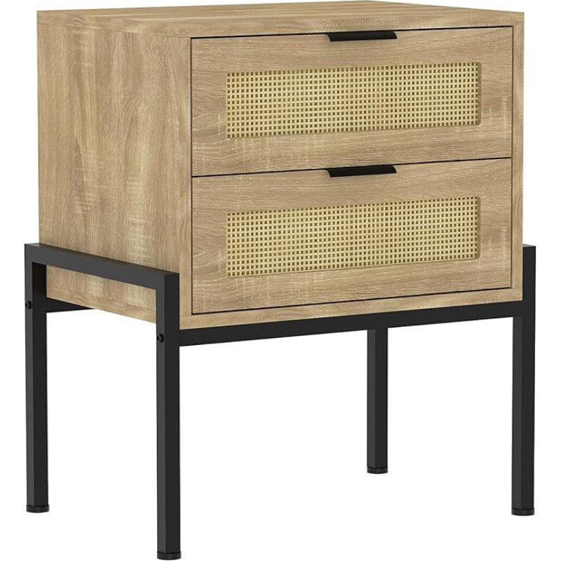 WAOHO 2 Drawers Bedside Table, Rattan, Side Table, Living Room Table, Bedside Table with Metal Frame for Bedroom, Sofa Table, Side Table, Coffee Table with Storage Compartment, 61 x 48 x 35 cm