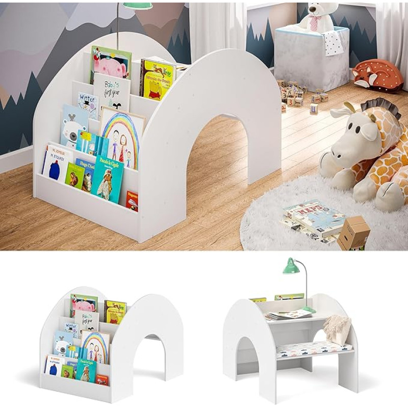 Bellabino 'Vily' 2-in-1 Children's Bookcase and Desk, Montessori Shelf for Children with 4 Shelves in Painted White, Toy Storage with Learning Surface Made of Birch Plywood