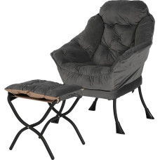 Lazy Chair with Folding Ottoman, Living Room Chairs, Modern Lounge Chair, Single Steel Frame, Leisure Sofa Chair with Armrests and Side Pocket (Dark Grey)