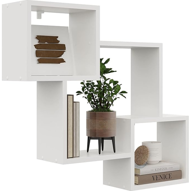 KUBUTKU Decorative Wall Shelf with 3 Shelves, 78 x 71 x 18 cm, Scandinavian Modern Design, for Living Room, Kitchen, Office, Bedroom, Bathroom, Hanging Shelf for Presentation, Bookcase (White)