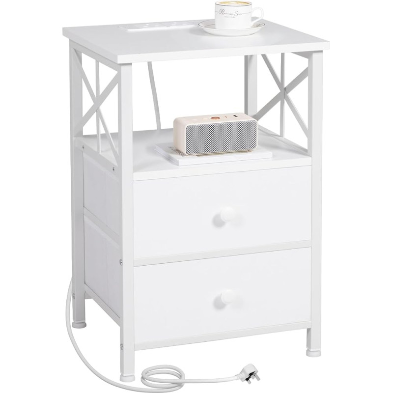 AMHANCIBLE UHET05XWT-1 Bedside Table Set, Bedside Table with Charging Station, Living Room Side Tables with USB Ports and Sockets, Bedside Tables with Fabric Drawers for Bedroom