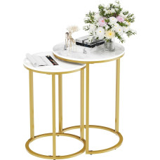 FATIVO Round Side Table Set of 2 Marble Living Room Table White Stone Top Coffee Table Gold Iron Frame Modern Sofa Table for Living Room - Large Table 40 x 54.5 cm Small Table 35 x 50 cm