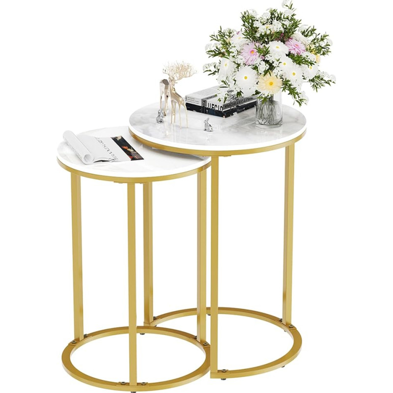 FATIVO Round Side Table Set of 2 Marble Living Room Table White Stone Top Coffee Table Gold Iron Frame Modern Sofa Table for Living Room - Large Table 40 x 54.5 cm Small Table 35 x 50 cm