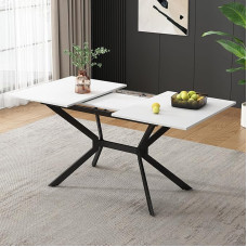 White Expandable Dining Table 120/160 L x 80 W x 75 H (cm), Black Metal Table Legs, White Rectangular Dining Table, Suitable for Four to Six People