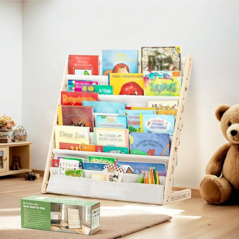 COSYLAND Children's Bookcase with 6 Oxford Fabric Compartments - Children's Bookcase Made of Natural Wood - Bookcase for Children's Room with Rounded Corners and Large Capacity 75 L x 30 W x 76 H cm