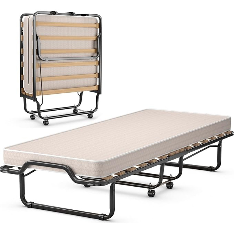 COSTWAY 80 x 200 cm Folding Guest Bed with Memory Foam Mattress, Folding Bed with Sturdy Steel Frame, up to 120 kg, Metal Bed on Wheels, for Guest Room Camping (Beige)
