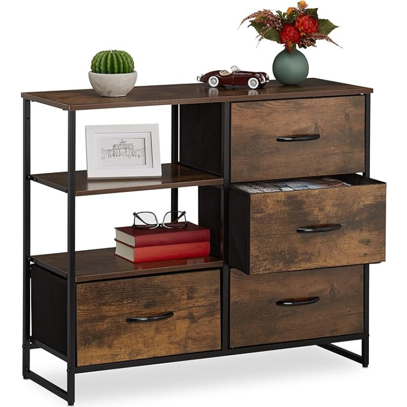 Relaxdays Industrial Chest of Drawers HBT: 71.5 x 84 x 32.5 cm, Fabric, Metal, Wood Look, 4 Drawers, Sideboard, Brown/Black