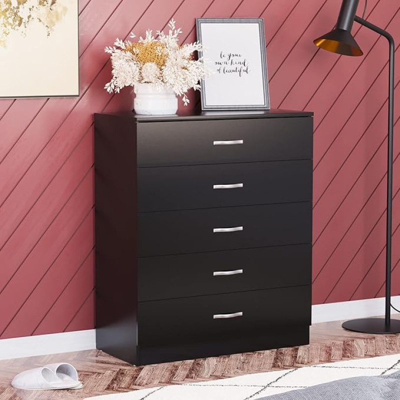 Home Discount Black Chest of Drawers, 5 Drawer Metal Handles Runners Anti-Bowing Support Furniture