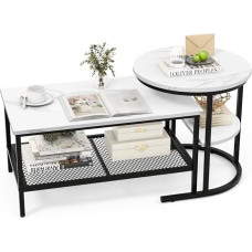 Set of 2 Coffee Tables, Side Tables, Marble Look with Metal Frame and Shelf, Coffee Table, Living Room Table, Sofa Table for Living Room, Bedroom (White + Black)