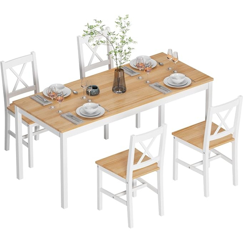 sogesfurniture 5 Piece Pine Wood Dining Table Set, Kitchen Table with 4 Chairs, Modern Dining Table Furniture Set for Kitchen, Dining Room, Dining Room, Breakfast Nook, Oak/White