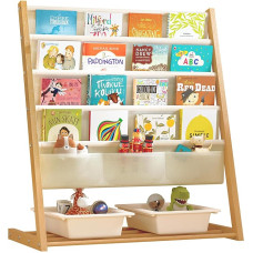 Uptyia Children's Bookcase with 4 Shelves and Storage Basket, Bookcase for Kids, Natural Wood Design, 69 x 33 x 78 cm, Organiser for Bedroom or Playroom