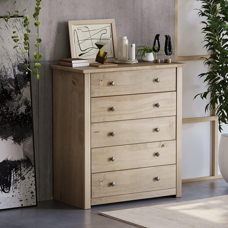 Home Discount Panama Chest of Drawers 5 Drawers Solid Pine Waxed Oak Finish