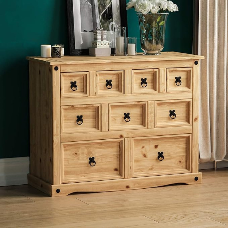 Vida Designs Corona P2201-CR Apothecary Cabinet with 9 Drawers, Commercial Cabinet, Rustic Organise, Collecting, Storage, Pine, Light Brown, 76 x 95 x 40 cm