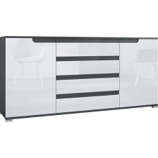 Sylt V2 Sideboard, Chest of Drawers with 2 Doors and 4 Drawers, Body - Anthracite Matt/Front - White High Gloss / Trim - Anthracite Matt (166.5 x 75.5 x 35 cm)