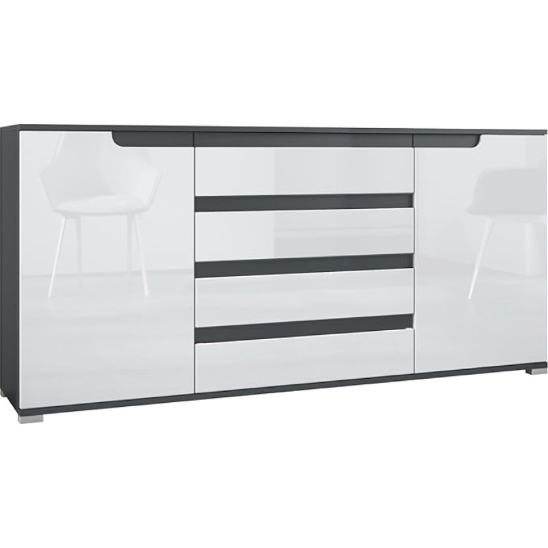 Sylt V2 Sideboard, Chest of Drawers with 2 Doors and 4 Drawers, Body - Anthracite Matt/Front - White High Gloss / Trim - Anthracite Matt (166.5 x 75.5 x 35 cm)