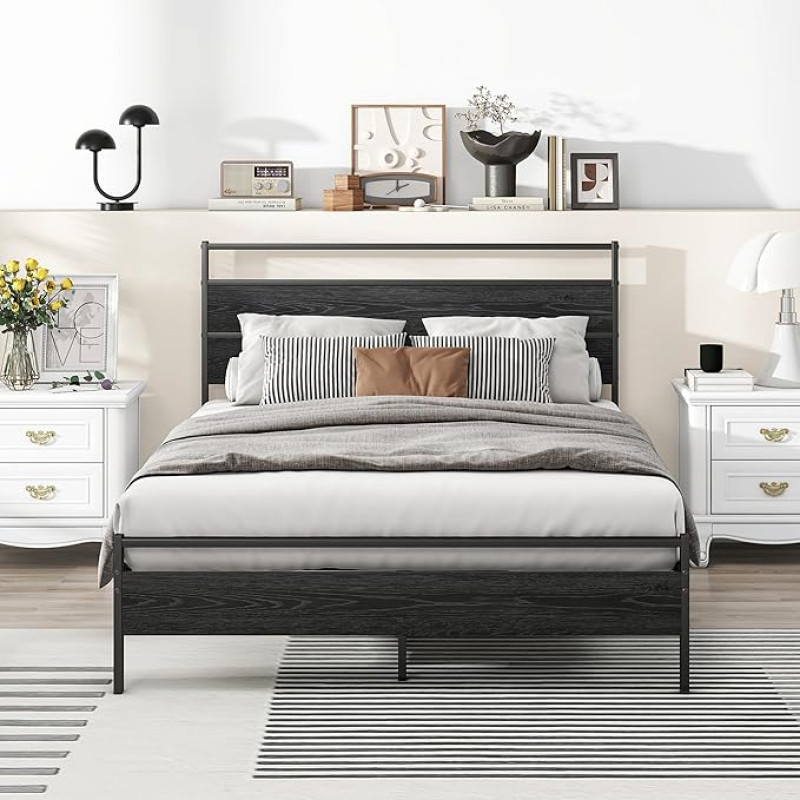 HOJINLINERO Bed Frame Double Bed 120 x 200 cm, Metal Bed with Slatted Frame, Modern Single Bed, Guest Bed, Youth Bed, Day Bed with Headboard for Bedroom, Bed 120 x 200 cm with Slatted Frame, Black