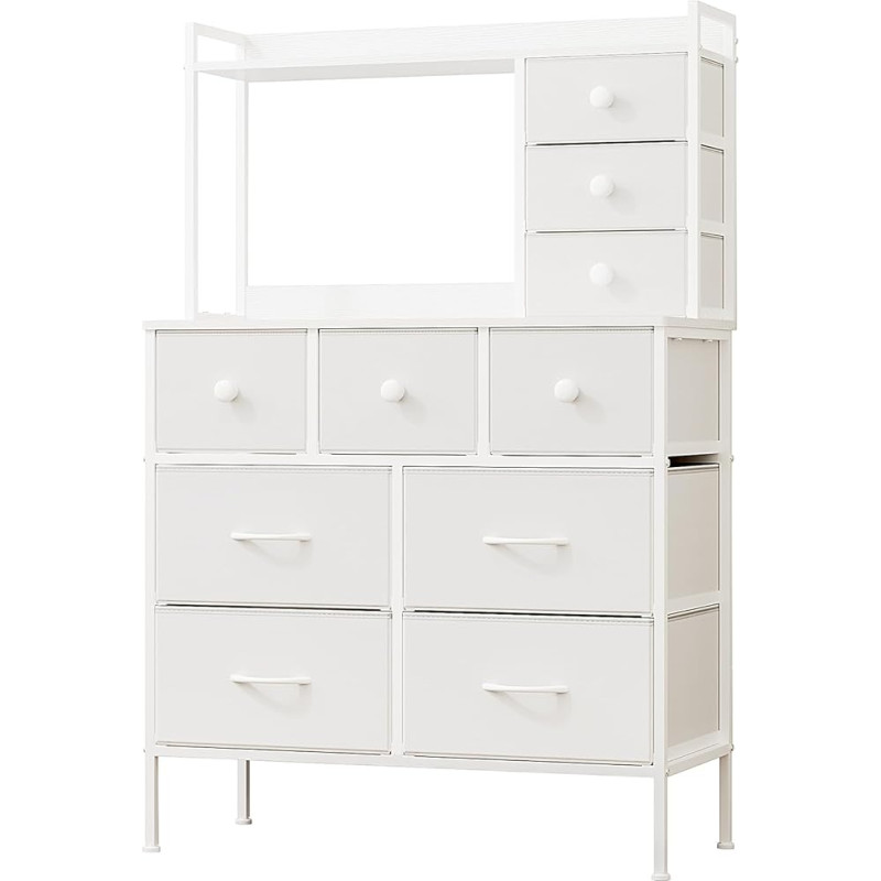 Mintnook Weiße Kommode für Schlafzimmer, 10 Schubladen, Kommode mit großem Fassungsvermögen, 80 cm breiter Schminktisch, Mehrzweck-Kommode aus Stoff, Aufbewahrungs-Organizer-Einheit, 80 x 35 x 120,5
