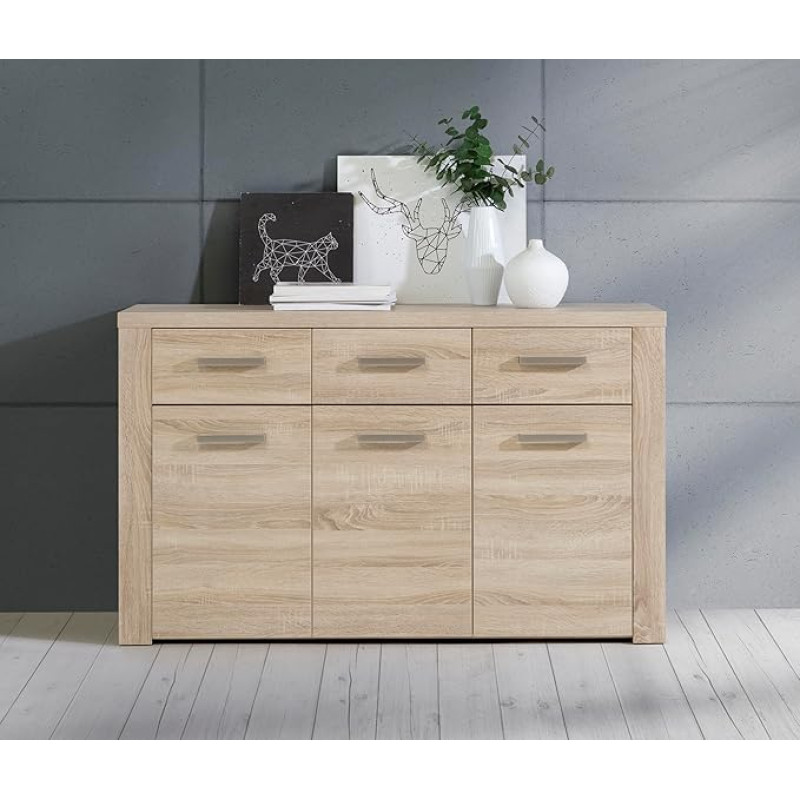 Forte Baltimore Sideboard with 3 Drawers and 3 Doors, Wooden, Sonoma Oak, W x H x D: 136 x 83 x 41.3 cm