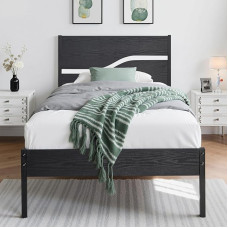 VECELO Bed Frame 90 x 200 cm, Metal Bed with Double Layer Wooden Headboard and Slatted Frame, Modern Guest Bed, Youth Bed with Storage Space Under the Bed, Perfect for Bedroom, Black