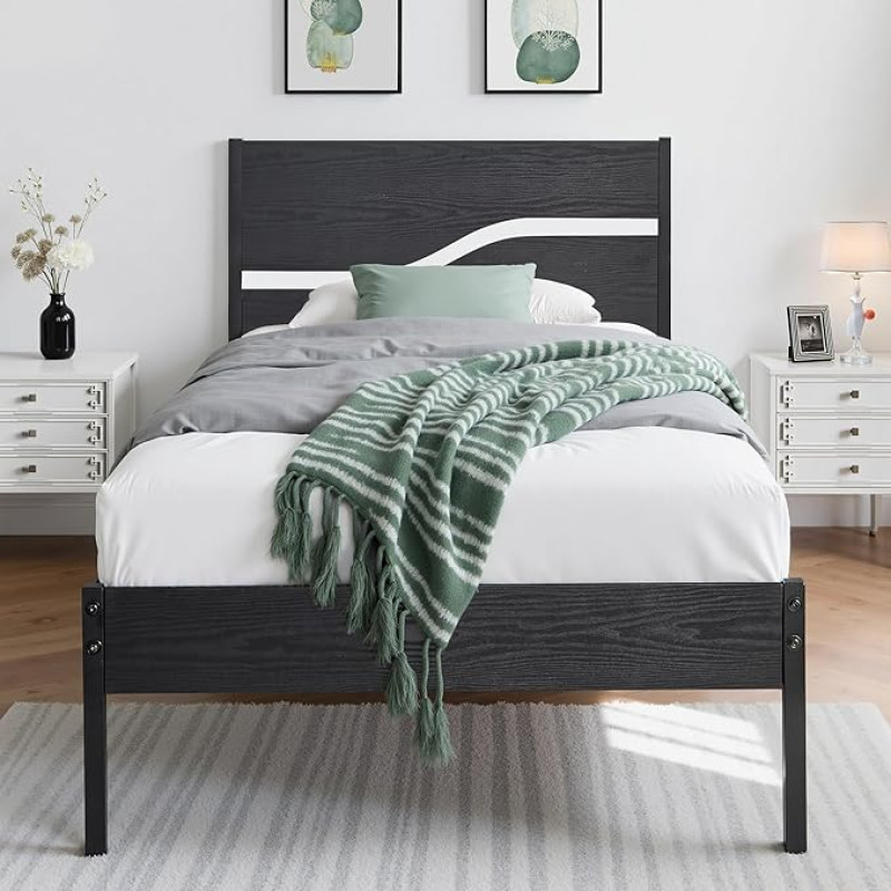 VECELO Bed Frame 90 x 200 cm, Metal Bed with Double Layer Wooden Headboard and Slatted Frame, Modern Guest Bed, Youth Bed with Storage Space Under the Bed, Perfect for Bedroom, Black