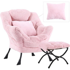 YOTATING Lazy Chair with Ottoman, Comfortable Reading Chair with Footstool & Throw Cushion, Modern with Armrests & Side Pocket for Living Room, Bedroom, Dorm, Plush Pink
