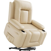 GarveeHome Power Lift Liegestuhl aus PU-Leder mit Massage für ältere Menschen, ergonomischer Loungesessel, klassisches Einzelsofa mit 2 Getränkehaltern, Seitentasche (Beige, 55,9 cm Sitzbreite +