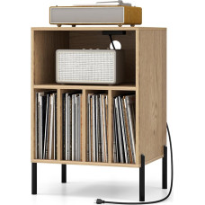 GOPLUS Record Player Stand, Record Holder with Charging Station & Storage Space, Turntable Shelf with Metal Legs & Storage Area, Side Table, Sofa Table for Living Room (53 x 45 x 78.5 cm, Natural)