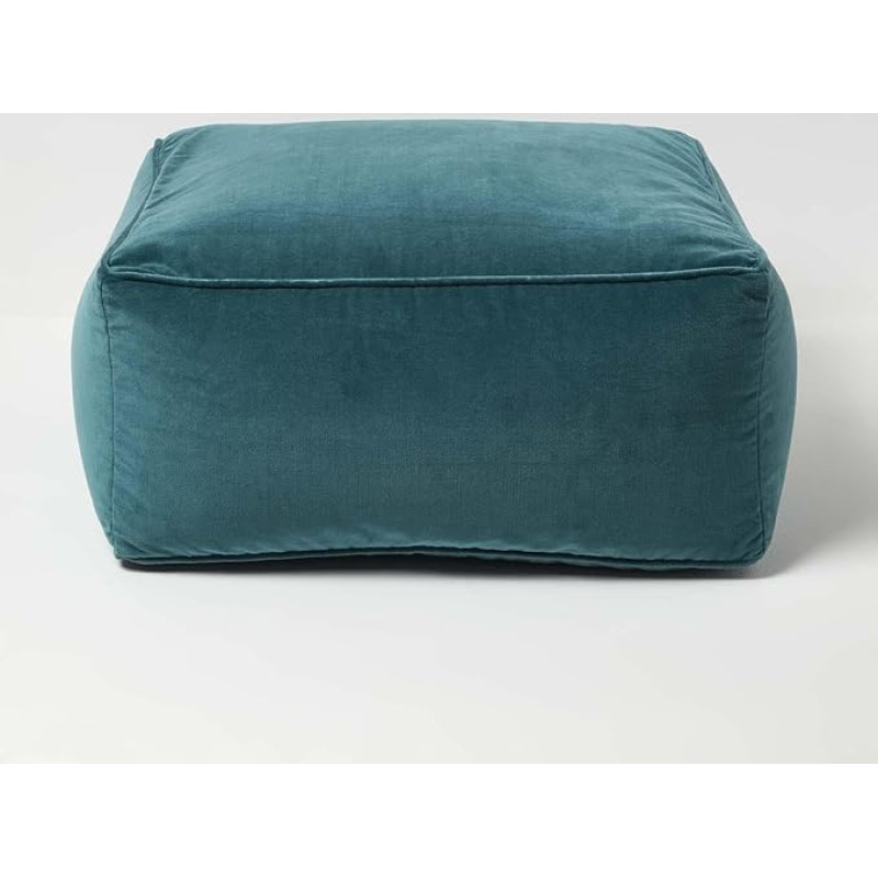 Homescapes Seat Pouf Velvet Petrol Green 60 x 60 x 27 cm Square Floor Cushion Cotton Velvet
