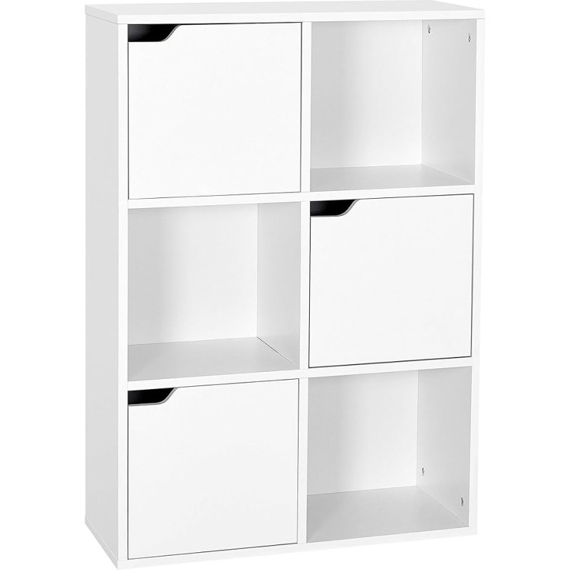 Meerveil Storage Shelf Unit, Multilayer Bookcase, Wooden Storage Cabinet for Books and DVDs, Six Compartments with Three Doors, White