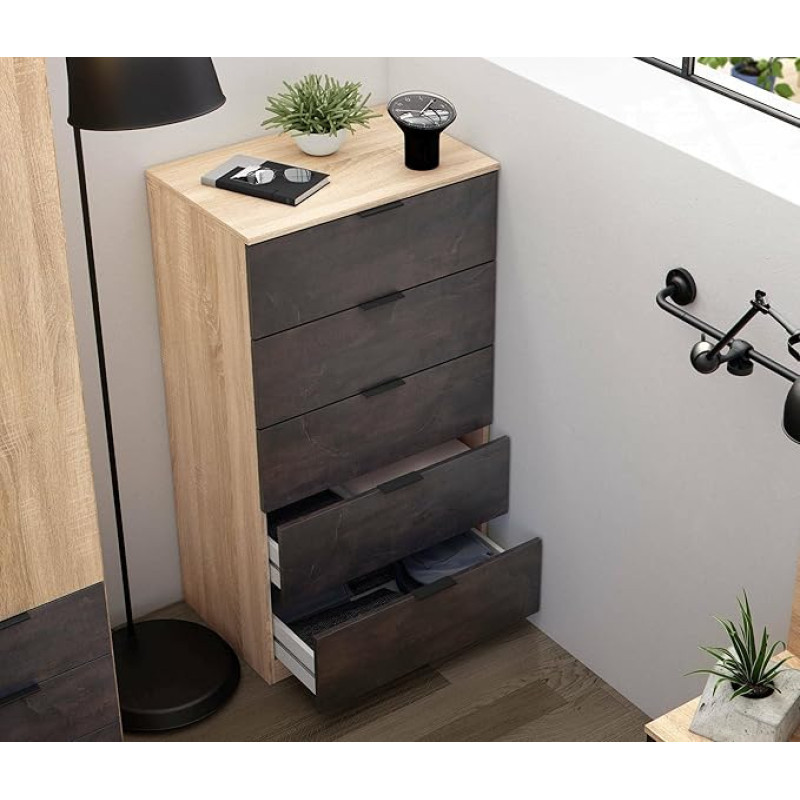Dmora - Mesquite Chest of Drawers with 5 Drawers, Chest of Drawers for Bedroom, Modern Chest of Drawers, 60 x 40 x 110 cm, Oak and Anthracite