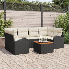 Rantry 7-teiliges Garten-Sofa-Set mit Kissen Schwarz Poly Rattan Akazie, 2-Sitzer Garten-Sofa mit Stauraum und Kissen Schwarz Poly Rattan Gartenlounge Model3356199