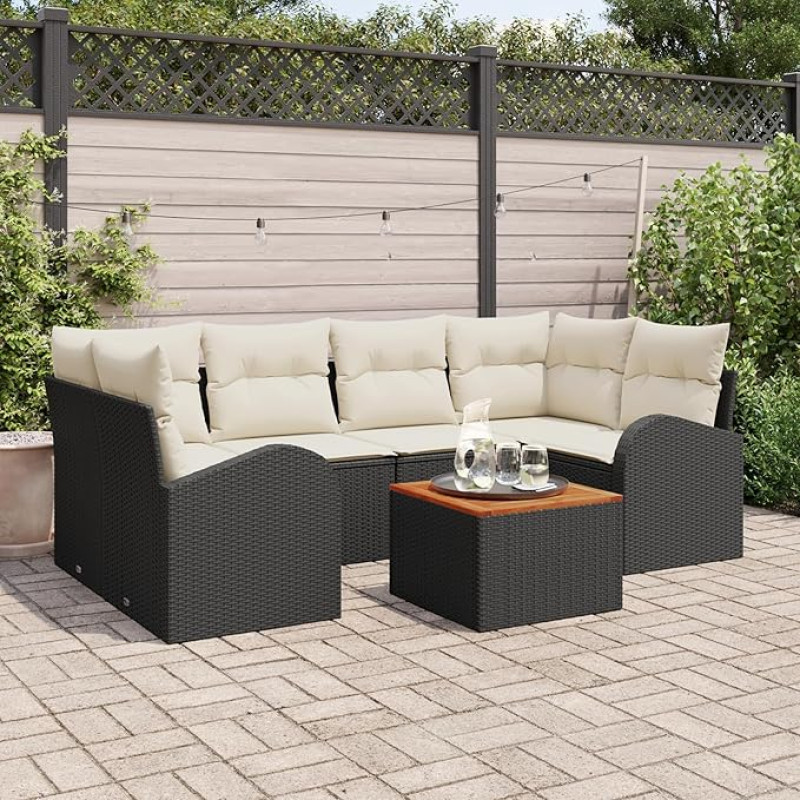 Rantry 7-teiliges Garten-Sofa-Set mit Kissen Schwarz Poly Rattan Akazie, 2-Sitzer Garten-Sofa mit Stauraum und Kissen Schwarz Poly Rattan Gartenlounge Model3356199