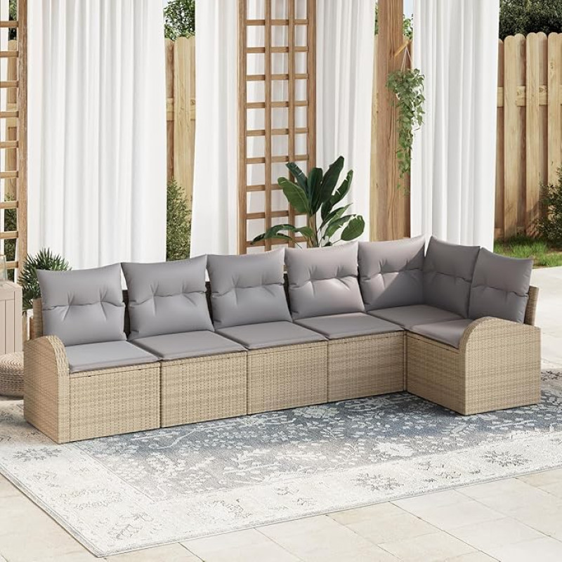 Rantry 6-teiliges Garten Sofa Set mit Kissen Beiges Poly Rattan, 2-Sitzer Garten Sofa mit Stauraum und Kissen Beiges Poly Rattan Gartenlounge Model3354729