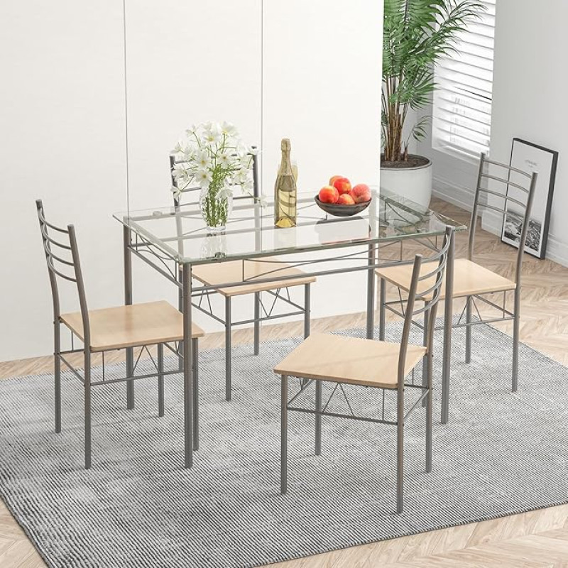 Tangkula Dining Table Set for 4, 5 Piece Dining Set with Tempered Glass Top and 4 Chairs, Kitchen Dining Room Furniture, White