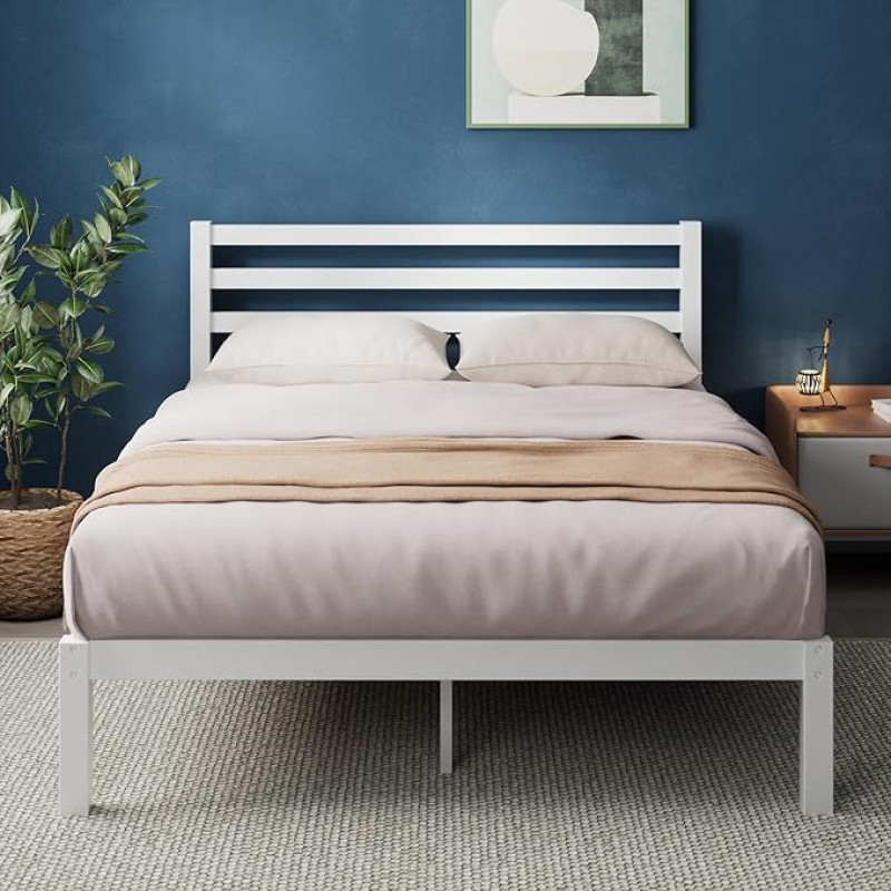 Zinus Leah Bed 135 x 190 cm - Height 35 cm with Under Bed Storage - Platform Bed Frame Made of Bamboo with Headboard - White