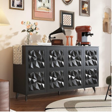 Caldion Modern Sideboard with 4 Doors, Pop-up Design, Buffet Cabinet with 4 Shelves, Living Room Cabinet with 5 Legs, Kitchen Buffet with Geometric Design, 160 x 40 x 85 cm, Black