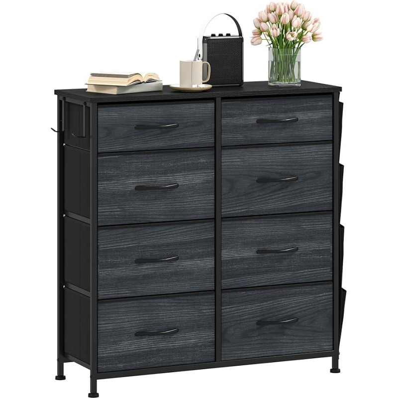 DWVO Chest of Drawers with 8 Drawers, Durable Cabinet with Hooks & Side Pockets, Fabric Drawers with Handles, Robust Metal Frame, Wood Grain Anthracite Black