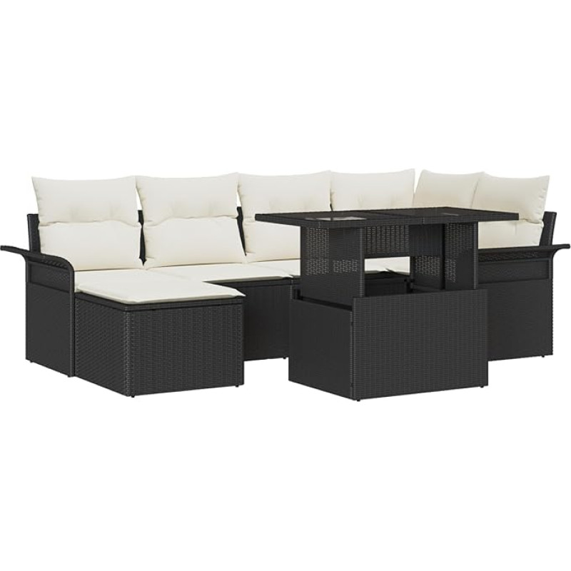 Rantry 7-teiliges Garten Sofa Set mit Kissen in Schwarz Poly Rattan, 2-Sitzer Garten Sofa mit Stauraum & Kissen in Schwarz Poly Rattan Gartenlounge Model3357050