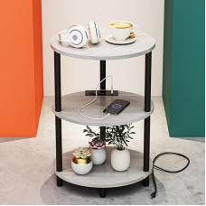 RISWER Small Round Side Table - 3 Tier Oval Accent Table for Small Spaces, Rustic Wooden and Metal Bedside Table for Living Room or Bedroom, Built-in USB Ports and