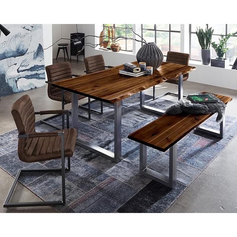 SAM Quintus Dining Set, Wane Table 200 x 100 cm and Bench 200 x 42 cm, Acacia Wood, Walnut-Coloured, Silver Frame, 4 x Parzivo Swing Chairs, Suede Look, 6-Piece