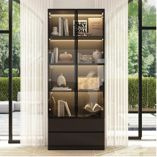 PREMTURE Display Cabinet, 2 Doors, 2 Drawers, Black Glass Display Cabinet for Living Room, Dining Room, Office, Kitchen, 80 x 36 x 200 cm, MDF, Black