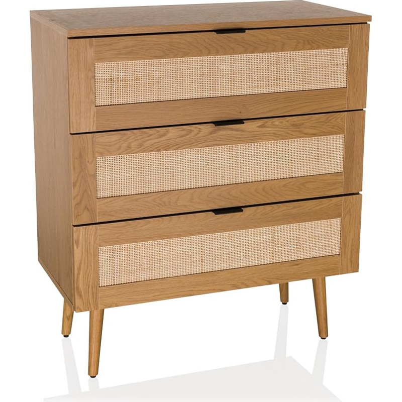 hjh LIVING BOHEO K Chest of Drawers with Rattan Weave 80 x 40 x 90 cm with 3 Drawers Drawer Chest of Drawers with Lots of Storage Space Oak Look