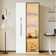 LANTRO JS Display Cabinets, Glass Display Cabinet with Wheels and Lighting, Multifunctional Display Cabinets with Tempered Glass Doors, Aluminium Door Frame, 1 Door, 1 Side Drawer, White