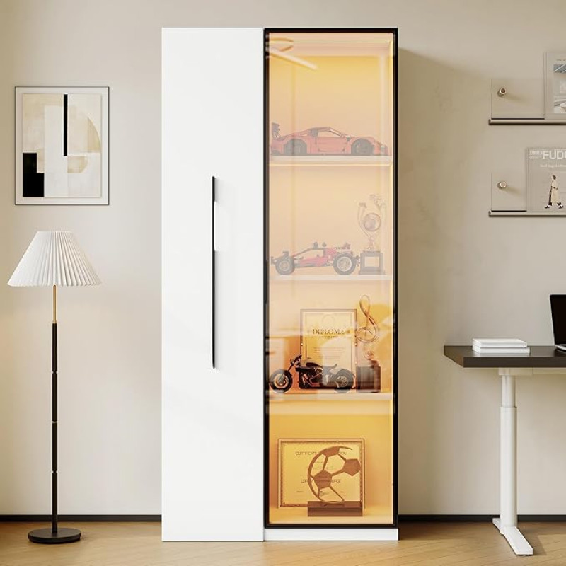 LANTRO JS Display Cabinets, Glass Display Cabinet with Wheels and Lighting, Multifunctional Display Cabinets with Tempered Glass Doors, Aluminium Door Frame, 1 Door, 1 Side Drawer, White