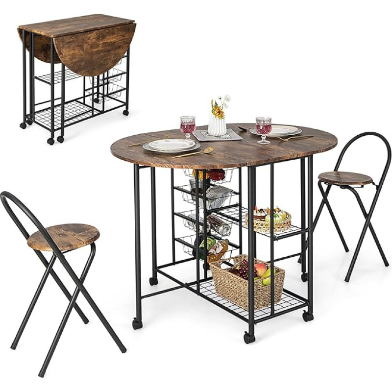 RELAX4LIFE 3-Piece Folding Dining Table Set, Bar Table on Wheels, Kitchen Table with 2 Folding Stools & 2 Shelves & 4 Extendable Baskets, Folding Table with 2 Folding Chairs, for Small Spaces (Vintage
