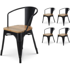 Kosmi - Lot de 4 chaises en métal Noir mat Style Industriel Factory Avec assise en Bois Naturel Clair, Fauteuils industriels Avec accoudoirs
