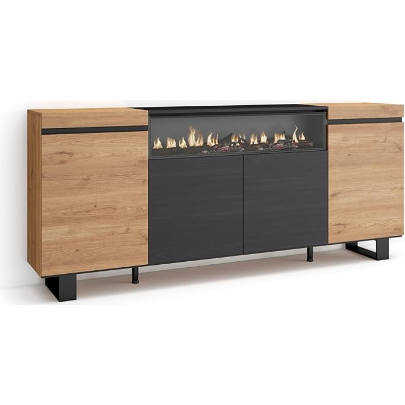 Skraut Home Sideboard, Highboard, Chest of Drawers, Comode Cabinet, 200 x 87 x 35 cm, 4 Doors, Electric Fireplace, Dimensions, Industrial Design, Modern Style, Oak Black