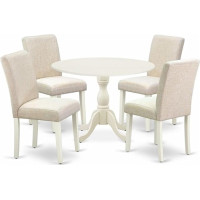 East West Furniture Dublin DMAB5-LWH-02 5-teiliges Set für 4 Personen enthält einen runden Küchentisch mit Dropleaf und 4 hellbeigefarbenen Parson-Esszimmerstühlen aus Leinenstoff, 106 x 107 cm
